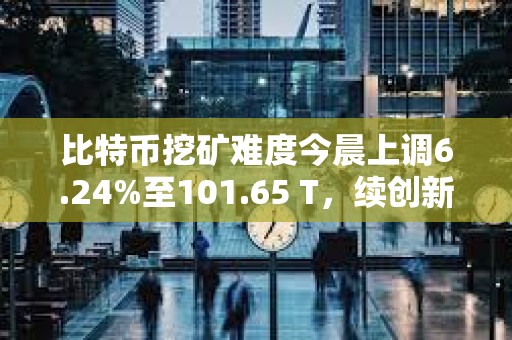 比特币挖矿难度今晨上调6.24%至101.65 T，续创新高