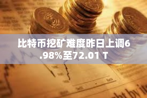 比特币挖矿难度昨日上调6.98%至72.01 T